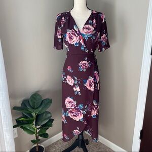 Everly Floral Wrap Dress Maroon Size Small